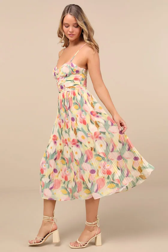 Aleyna Yellow Abstract Pleated Lace-Up Bustier Midi Dress sold by Lulus product image thumbnail 3