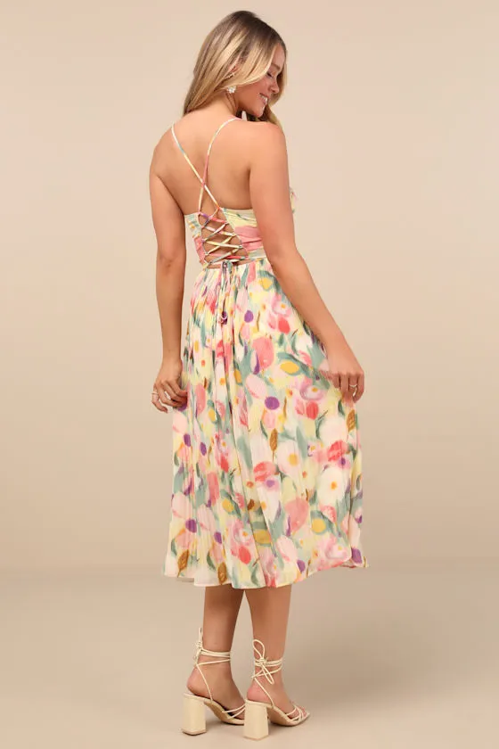 Aleyna Yellow Abstract Pleated Lace-Up Bustier Midi Dress sold by Lulus product image thumbnail 4