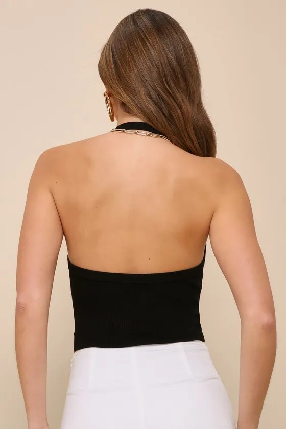 Chic Contentment Black Ribbed Sleeveless Halter Bodysuit sold by Lulus product image thumbnail 3