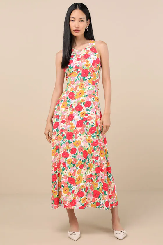 Flirty Fave White Multi Floral Print Tie-Back Midi Dress sold by Lulus