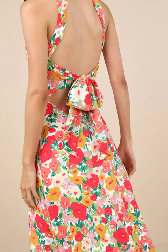 Flirty Fave White Multi Floral Print Tie-Back Midi Dress sold by Lulus product image thumbnail 2