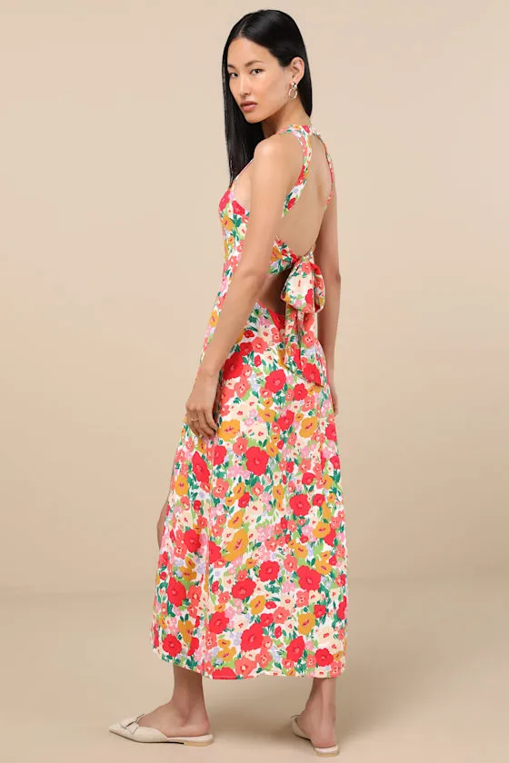 Flirty Fave White Multi Floral Print Tie-Back Midi Dress sold by Lulus product image thumbnail 4