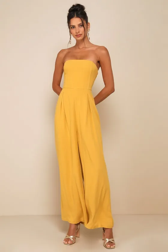 Breezy Essential Mustard Yellow Linen Wide-Leg Jumpsuit sold by Lulus
