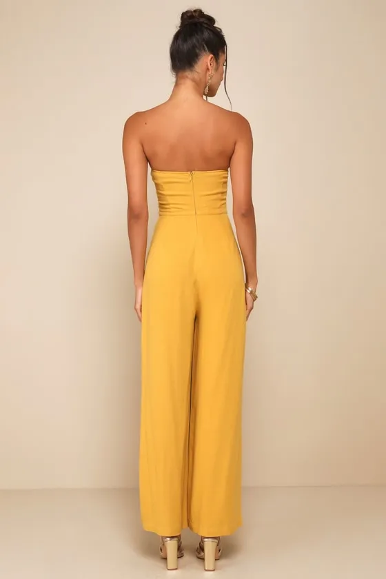 Breezy Essential Mustard Yellow Linen Wide-Leg Jumpsuit sold by Lulus product image thumbnail 2