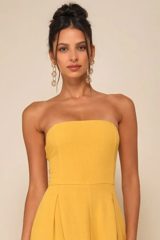 Breezy Essential Mustard Yellow Linen Wide-Leg Jumpsuit sold by Lulus product image thumbnail 3