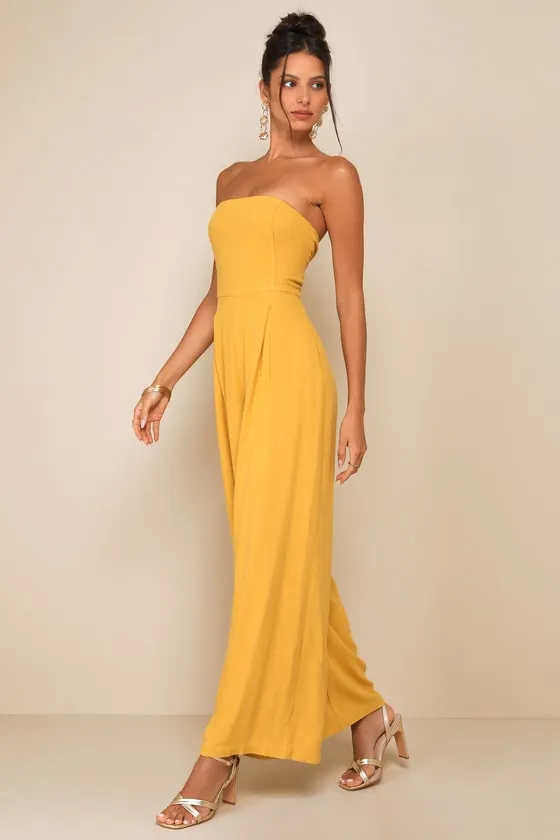 Breezy Essential Mustard Yellow Linen Wide-Leg Jumpsuit sold by Lulus product image thumbnail 4