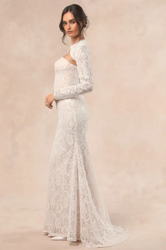 Neska White and Beige Lace Maxi Dress and Shrug Set sold by Lulus