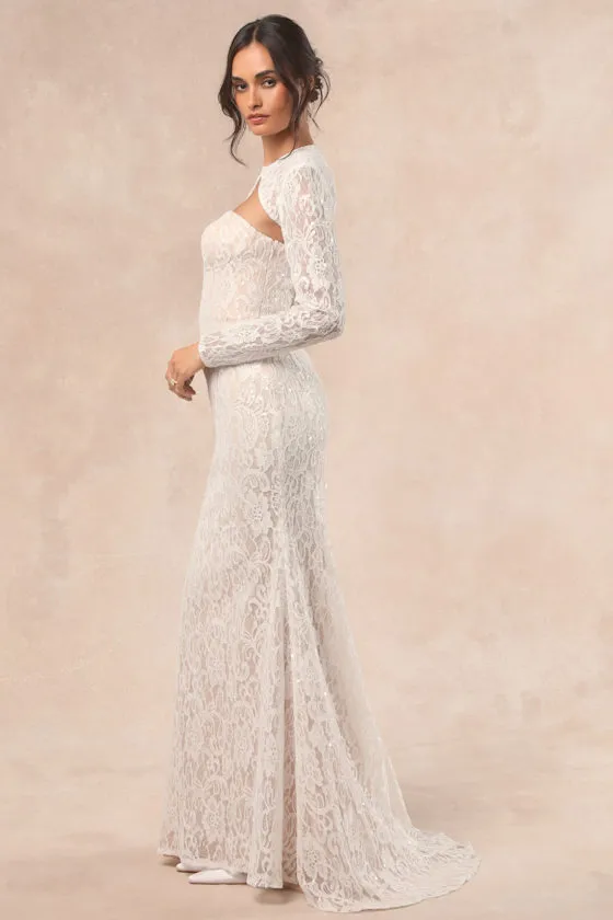 Neska White and Beige Lace Maxi Dress and Shrug Set sold by Lulus