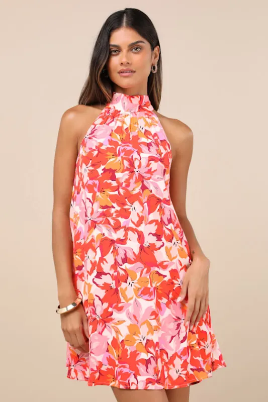 Tied Back To You Red and Pink Floral Print Mini Shift Dress sold by Lulus