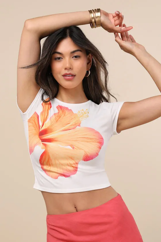 Marita White Short Sleeve Cropped Hibiscus Graphic Tee sold by Lulus