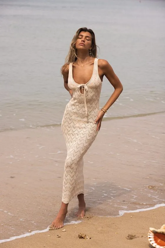 Cassis Beige Crochet Tie-Front Maxi Swim Cover-Up sold by Lulus