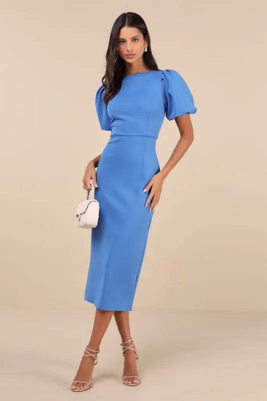 Simply Beloved Blue Puff Sleeve Bodycon Midi Dress sold by Lulus