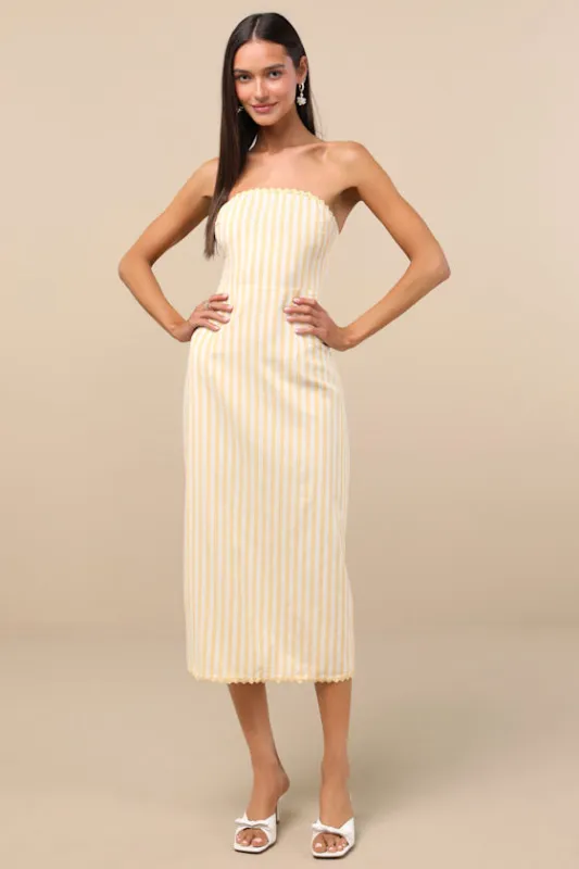 Brigita Yellow Striped Strapless Column Midi Dress sold by Lulus