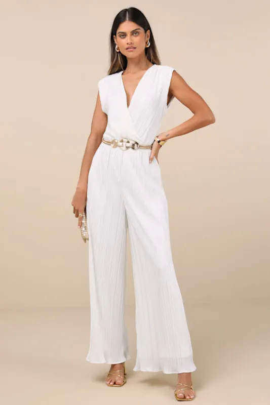 Firenze White Plisse Surplice Sleeveless Wide-Leg Jumpsuit sold by Lulus