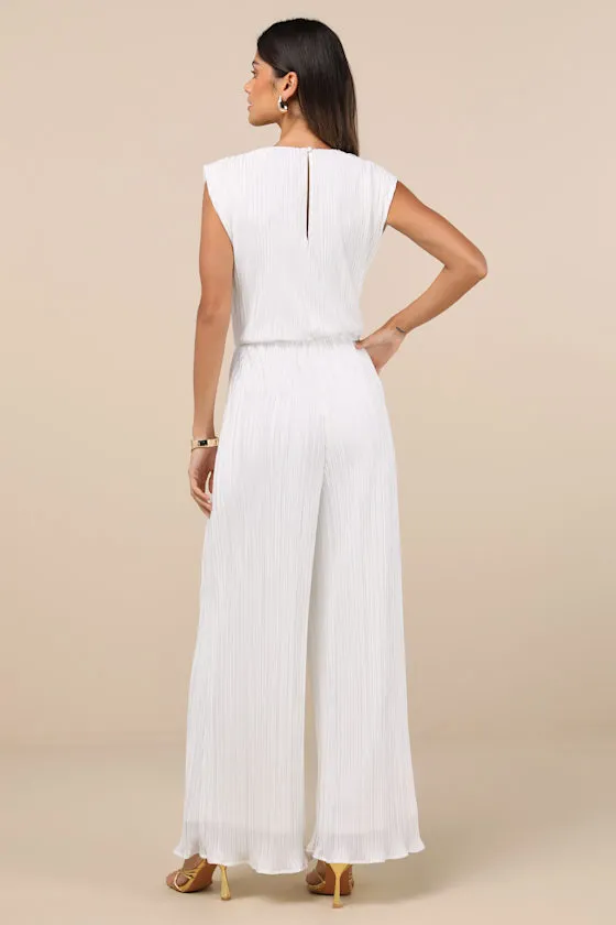 Firenze White Plisse Surplice Sleeveless Wide-Leg Jumpsuit sold by Lulus product image thumbnail 2