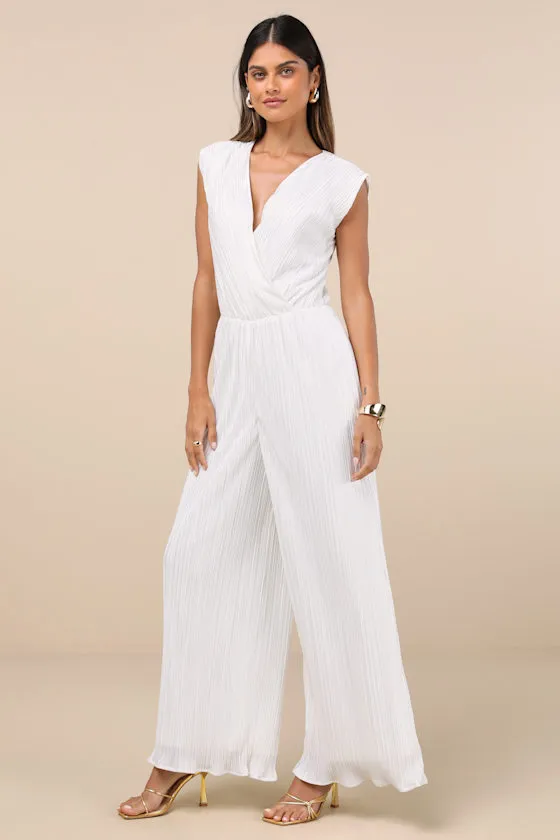 Firenze White Plisse Surplice Sleeveless Wide-Leg Jumpsuit sold by Lulus product image thumbnail 3