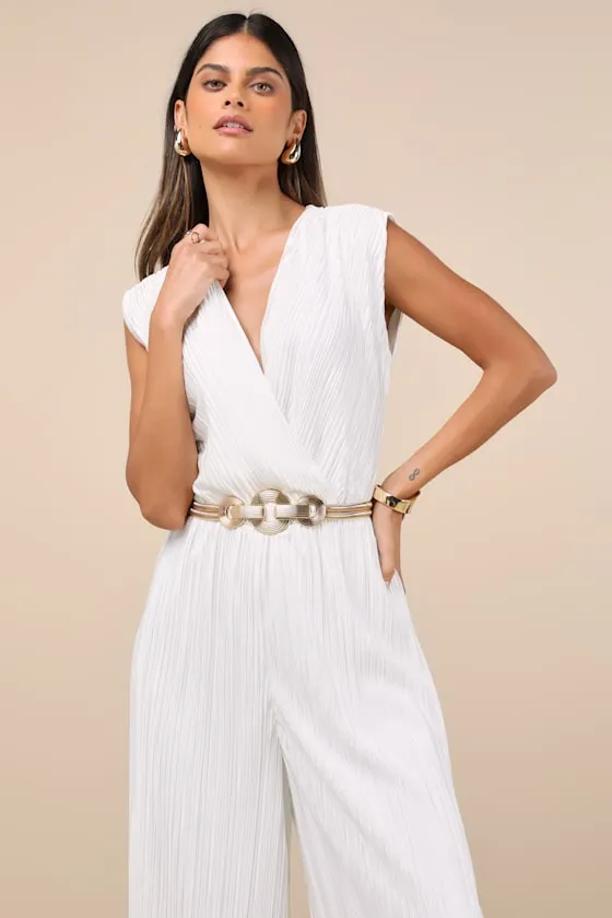 Firenze White Plisse Surplice Sleeveless Wide-Leg Jumpsuit sold by Lulus product image thumbnail 4