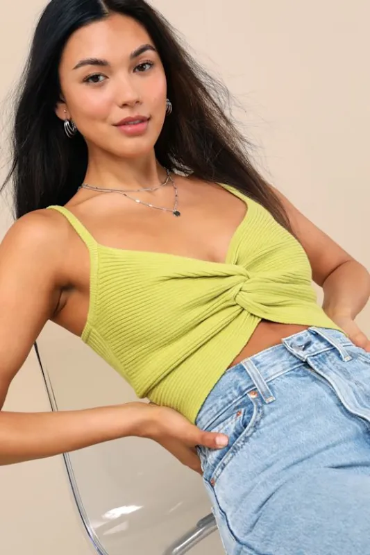 Melika Lime Green Ribbed Knotted Crop Tank Top made by Lulus