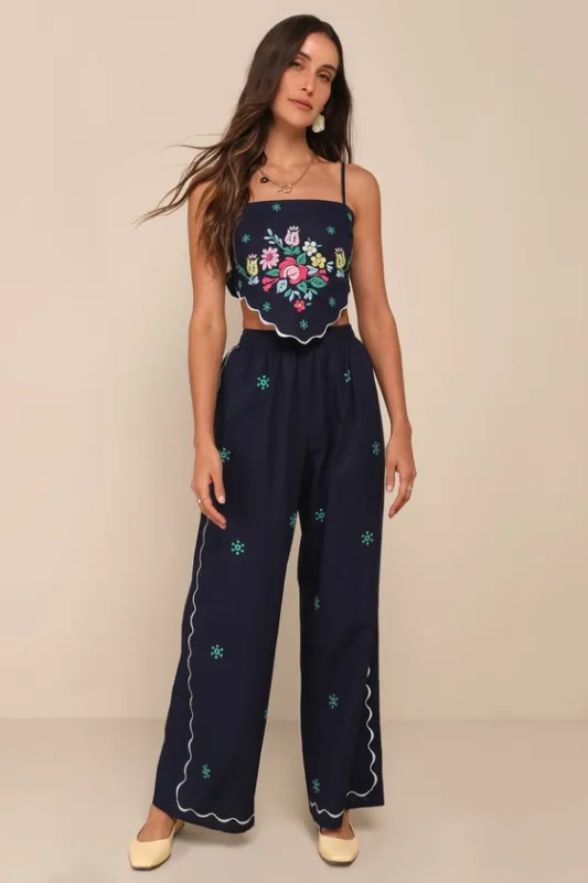 Charmed Aesthetic Navy Blue Linen Embroidered High-Rise Pants sold by Lulus