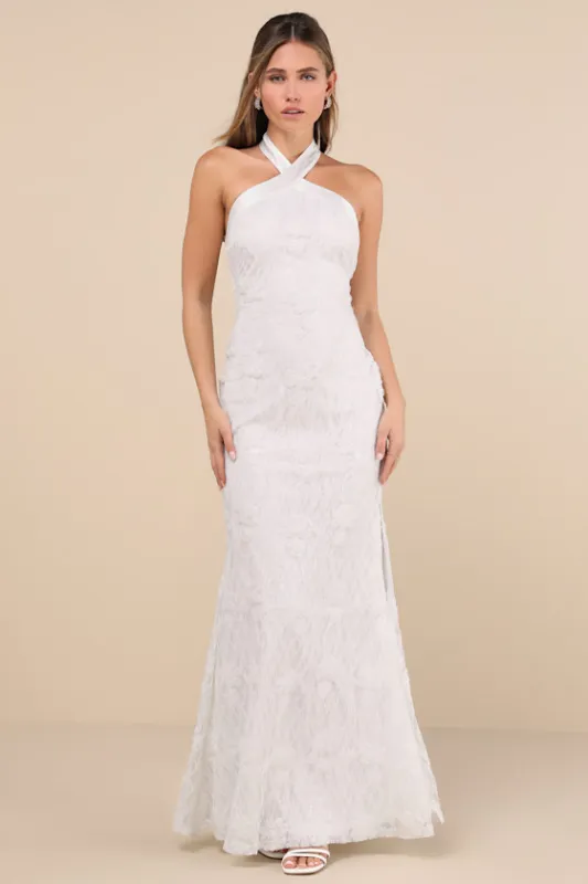 Morrisette White Lace Sequin Halter Maxi Dress made by Lulus