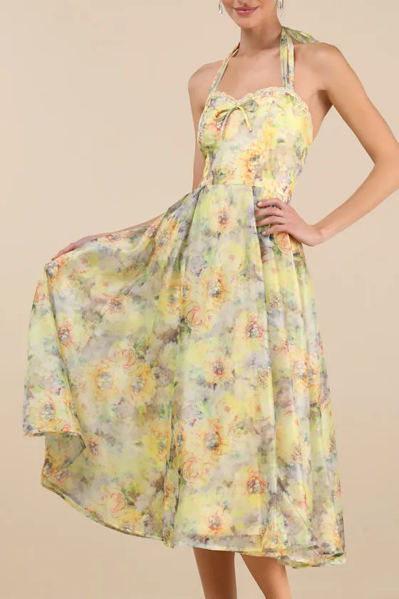 Galia Yellow Multi Floral Halter Midi Dress sold by Lulus