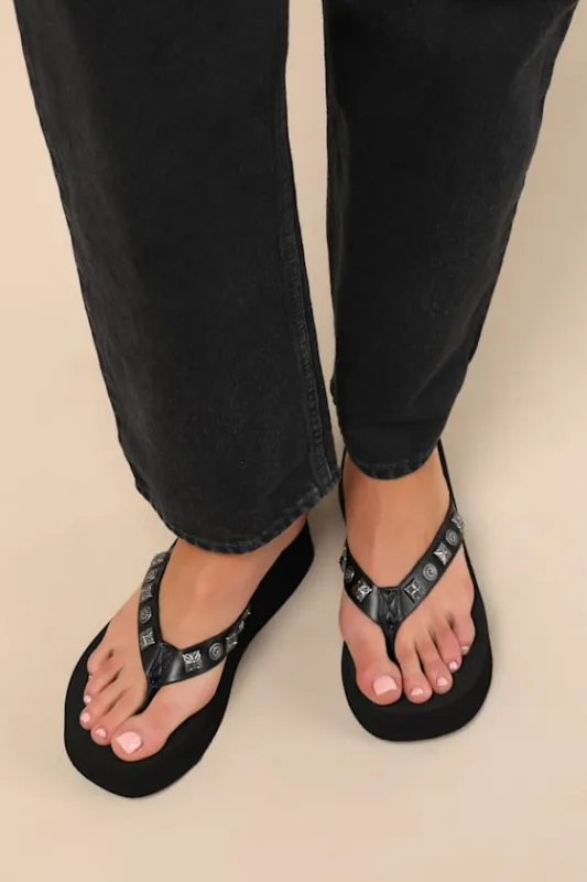 Skyscraper Black Studded Platform Thong Sandals sold by Lulus