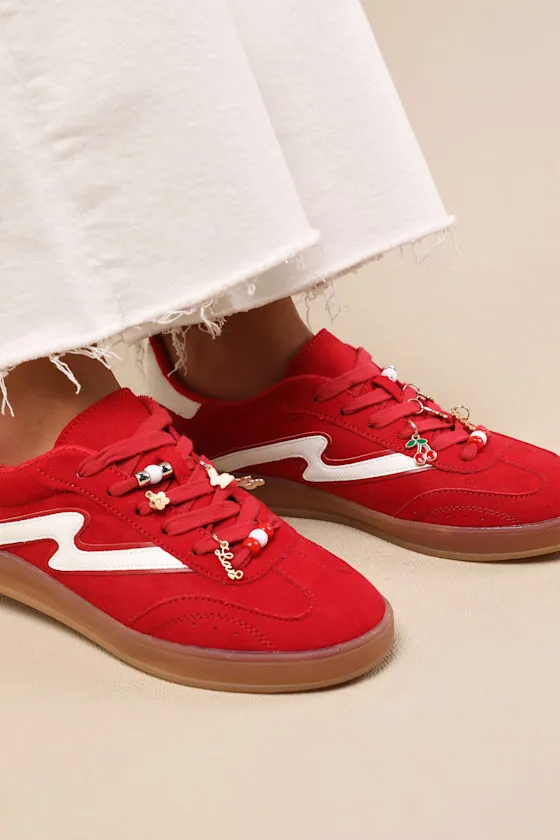 Giia Red Multi Suede Charm Lace-Up Sneakers sold by Lulus