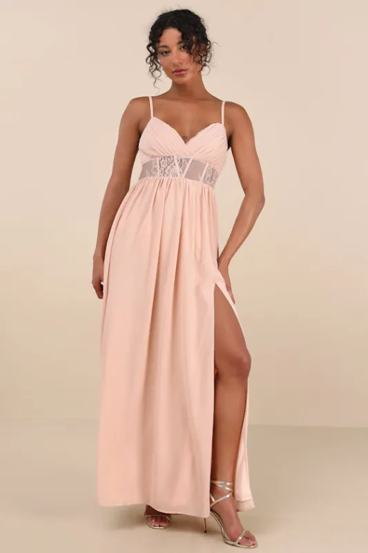 Kaylin Blush Pleated Lace Maxi Dress sold by Lulus