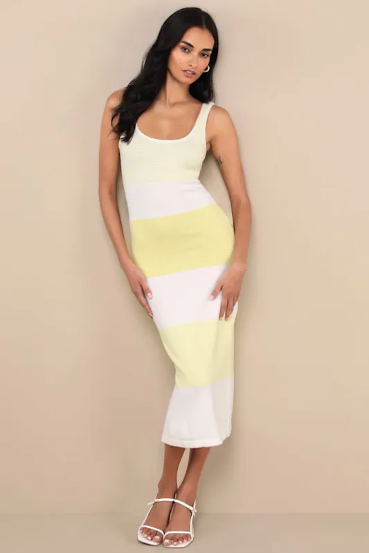 Easily Gorgeous Ivory and Yellow Striped Midi Sweater Dress sold by Lulus