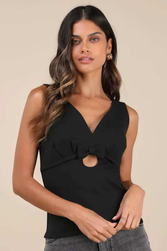 Patrizia Black Cutout Bow V-Neck Sleeveless Top sold by Lulus