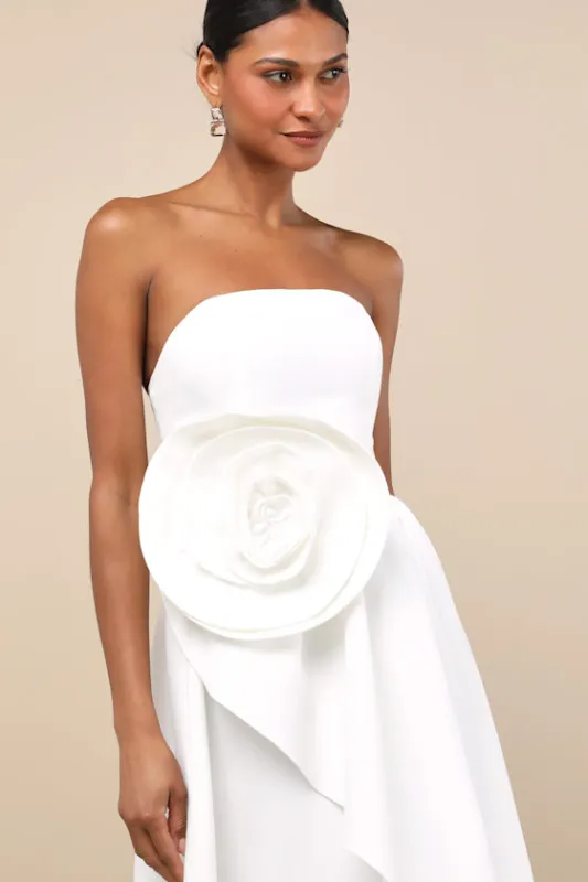 Emiliana White 3D Rosette Strapless High-Low Maxi Dress sold by Lulus