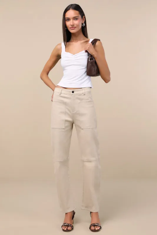 Filomena Beige Twill Barrel Pants sold by Lulus