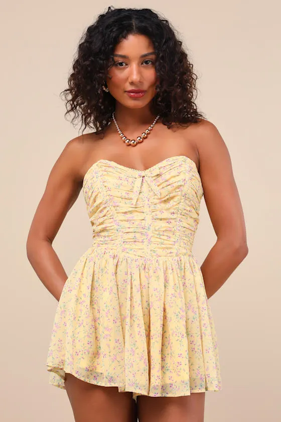 Marinella Yellow Floral Ruched Strapless Romper sold by Lulus