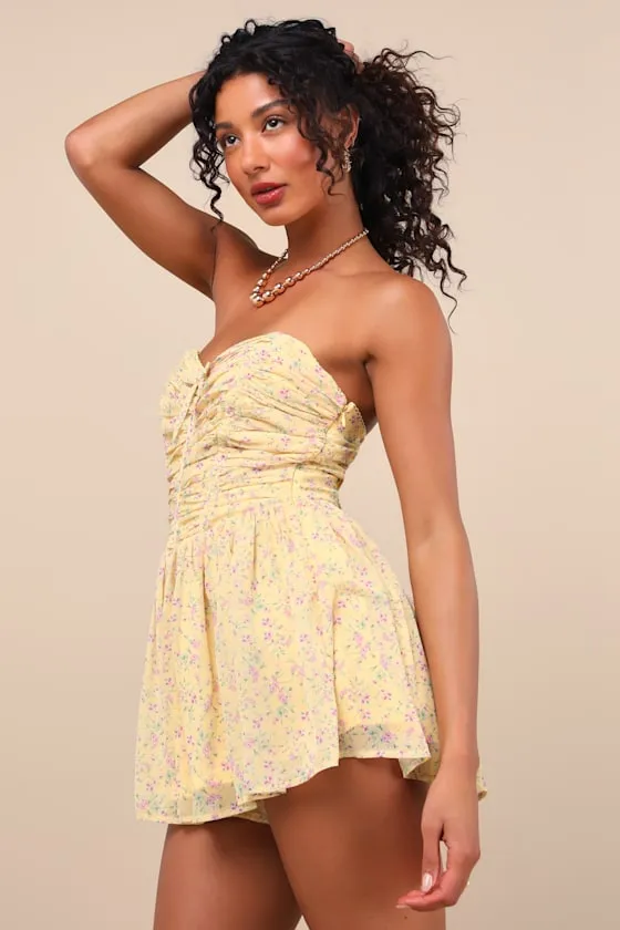 Marinella Yellow Floral Ruched Strapless Romper sold by Lulus product image thumbnail 2