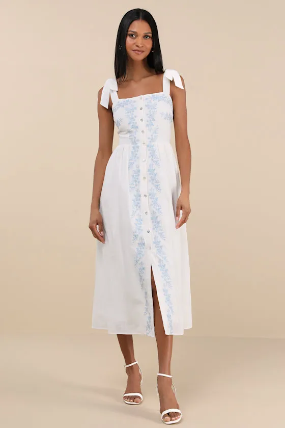 Corinthia White Embroidered Button-Front Midi Dress sold by Lulus