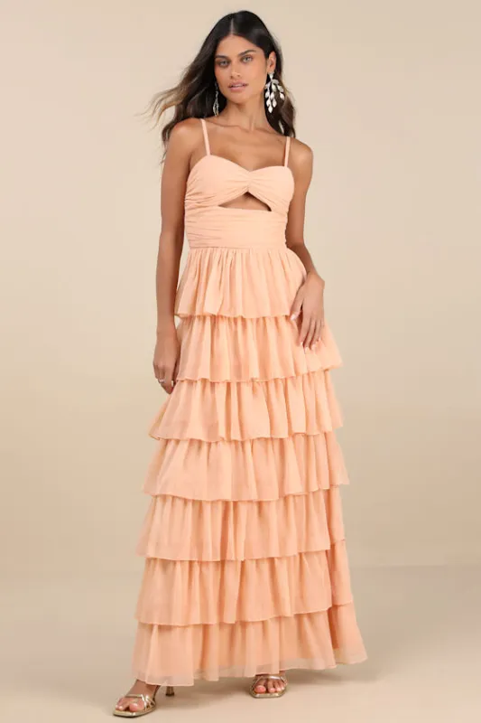 Arata Peach Cutout Tiered Maxi Dress sold by Lulus