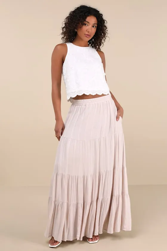 Sunset by the Sea Light Beige Embroidered Tiered Maxi Skirt sold by Lulus