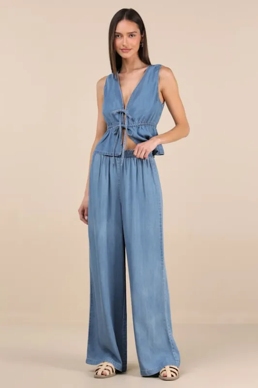 Maldwyn Blue Chambray High-Rise Wide-Leg Pants sold by Lulus