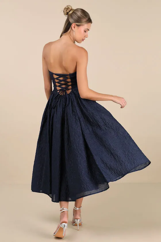 Analeia Dark Navy Jacquard Lace-Up Strapless Midi Dress sold by Lulus