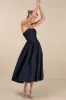 Analeia Dark Navy Jacquard Lace-Up Strapless Midi Dress sold by Lulus