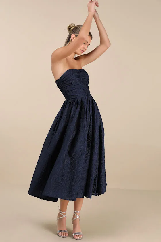 Analeia Dark Navy Jacquard Lace-Up Strapless Midi Dress sold by Lulus product image thumbnail 2