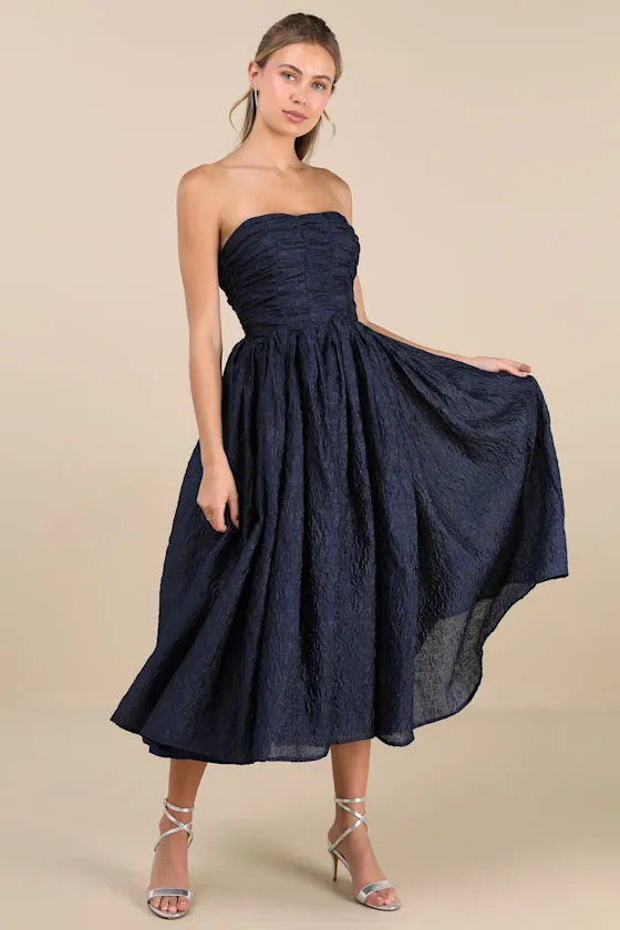 Analeia Dark Navy Jacquard Lace-Up Strapless Midi Dress sold by Lulus product image thumbnail 3