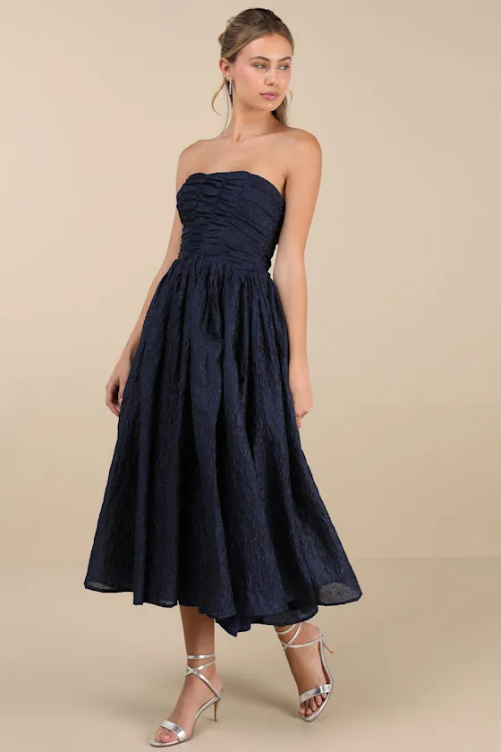 Analeia Dark Navy Jacquard Lace-Up Strapless Midi Dress sold by Lulus product image thumbnail 4
