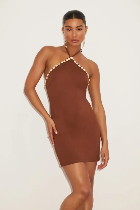 Azeneth Brown Shell Bodycon Halter Mini Dress made by Lulus