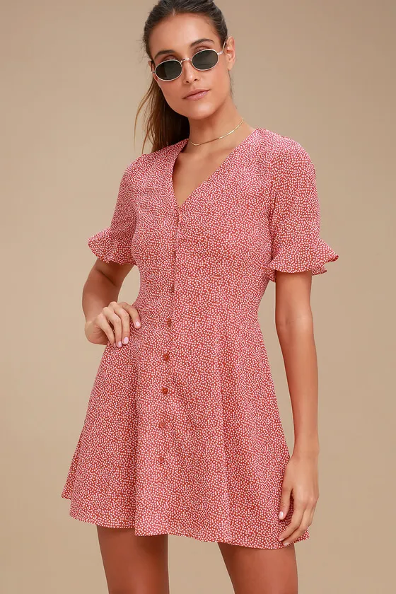Castana Rust Red Print Button-Up Dress sold by Lulus