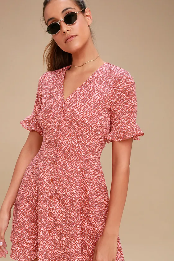 Castana Rust Red Print Button-Up Dress sold by Lulus product image thumbnail 4