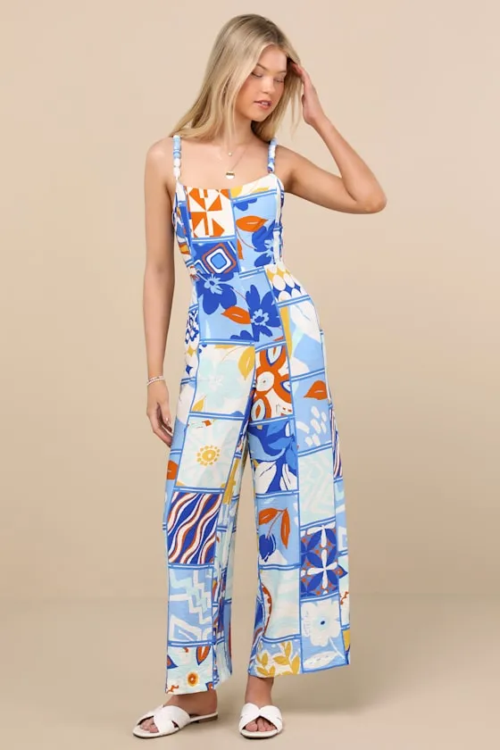 Bold Extravagance Blue Multi Print Sleeveless Wide-Leg Jumpsuit sold by Lulus product image thumbnail 2
