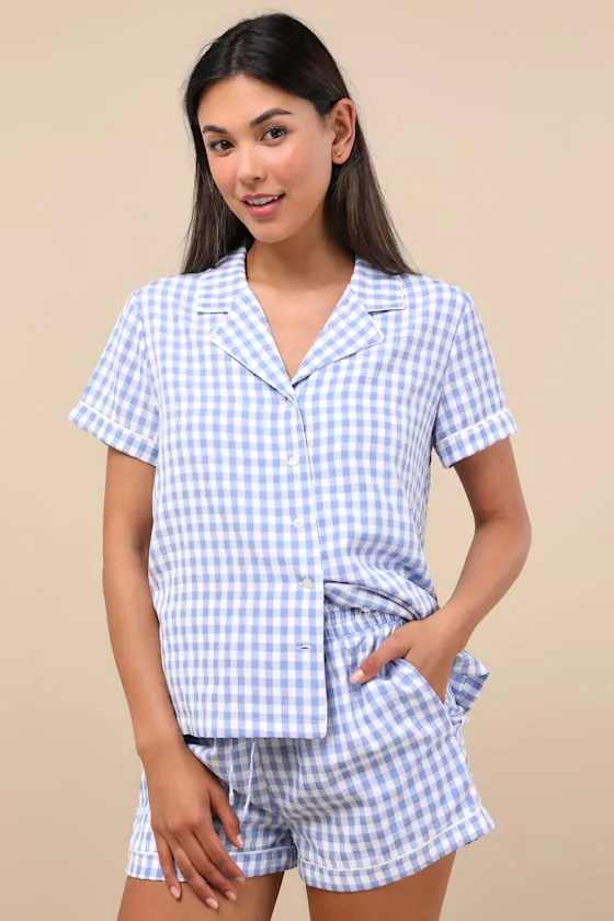 Joannie Blue and White Gingham Two-Piece Pajama Set sold by Lulus