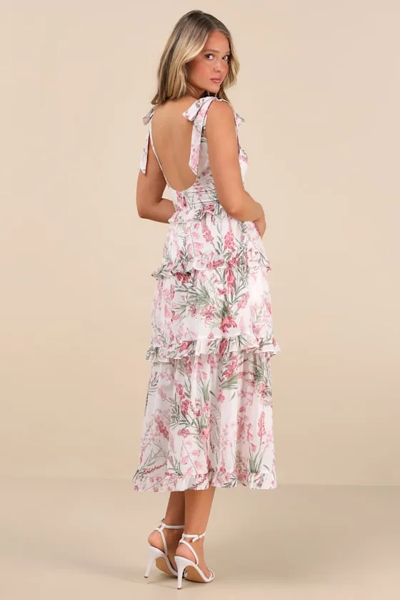 Naenia White Floral Tiered Tie-Strap Midi Dress sold by Lulus product image thumbnail 3