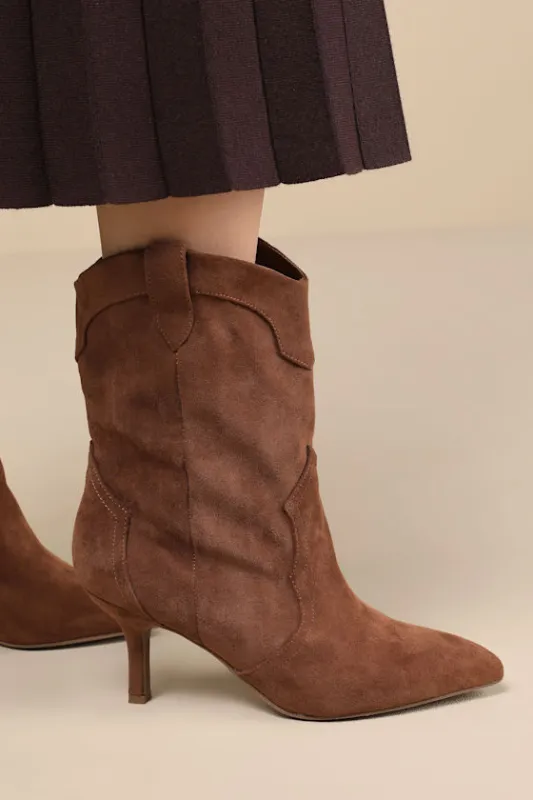 Penrose Chestnut Suede Pointed-Toe Booties sold by Lulus